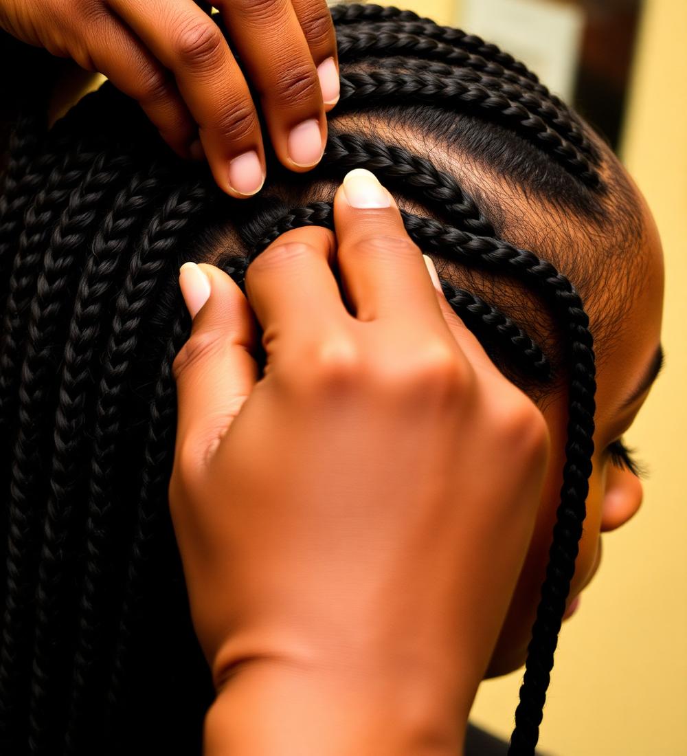 Braider sectioning hair while installing cornrows