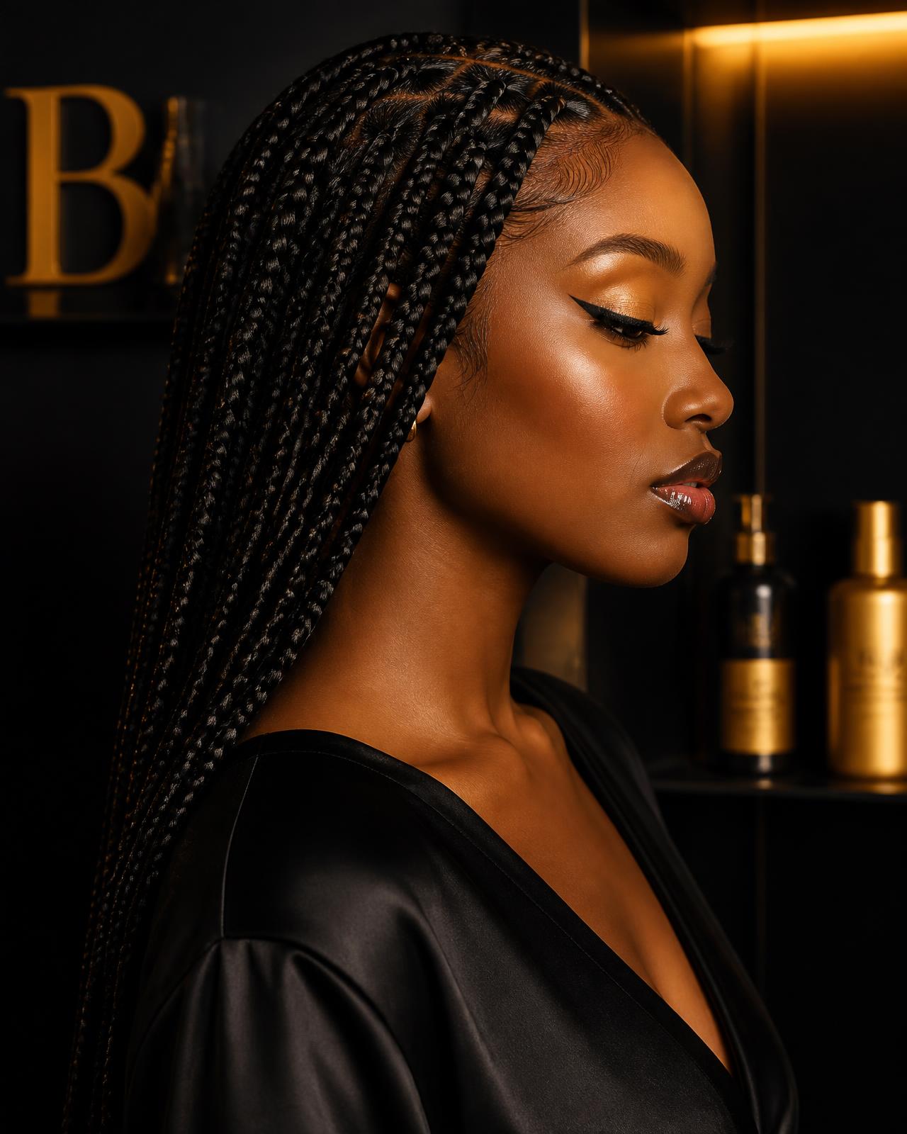 Client wearing long knotless braids styled at a luxury braiding salon
